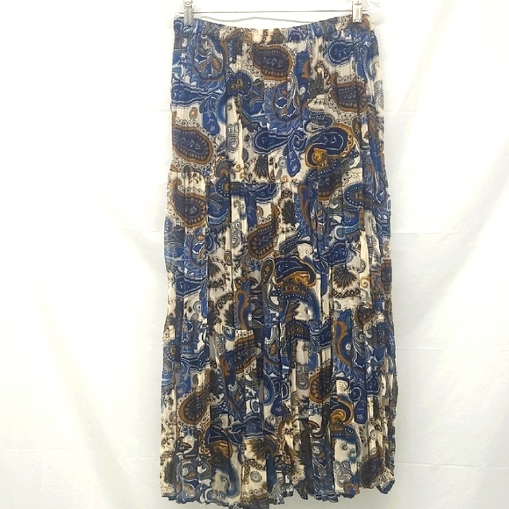 Tiered Maxi Skirt Lined Chiffon Paisley Print Blue & Tan On Creamy White Whimsy